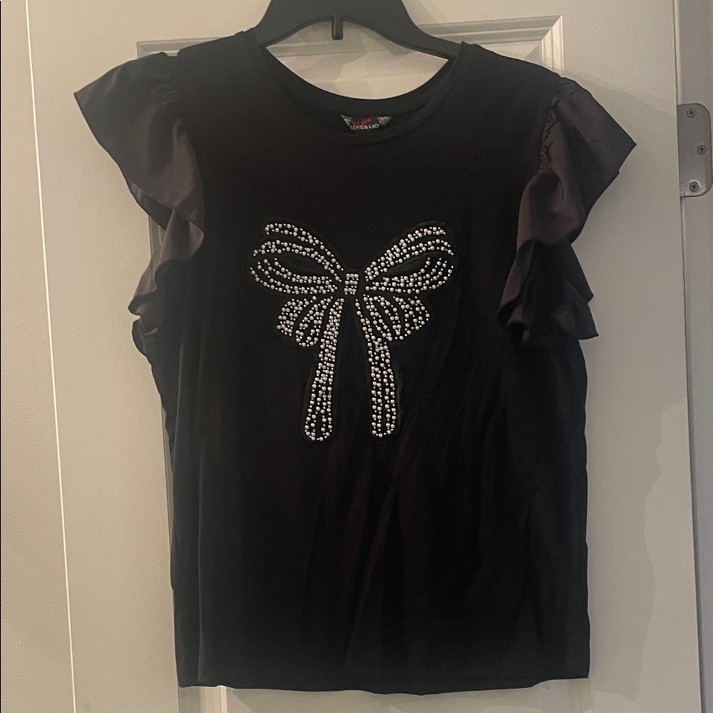 Black Ruffle Sleeve Top with Rhinestone Bow